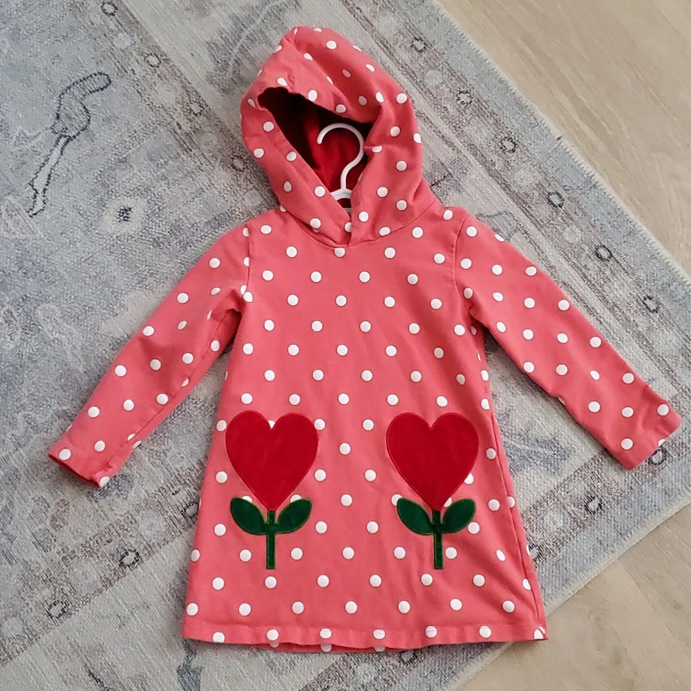 Boutique Girls Pink Polka Dot Heart Flowers Hoodie Long Sleeve Dress Sz2-3y